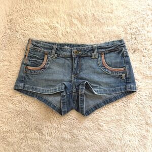 Y2K Low Rise Denim Micro Mini Shorts Blue Jean Embroidered 2000s Bratz Cheeky